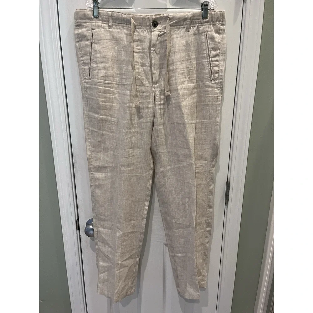Tasso Elba Island Mens L Linen Drawstring Casual Pants Beige Coastal Beach Light